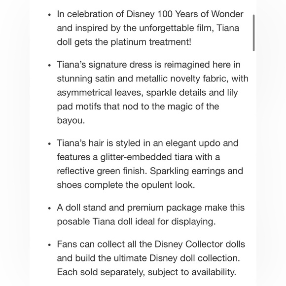 Disney100 Collector Tiana doll - Picture 4 of 9